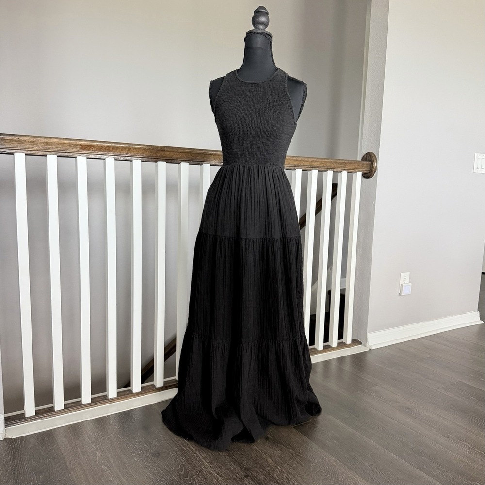 ME+EM Cheesecloth Shirred Halterneck Maxi Dress Sz US 0 Open Back Pockets Gauze